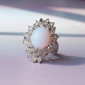 Vintage 1980s Opal Cabochon & CZ Cocktail Ring — 18K White Gold Plate, Size 6
